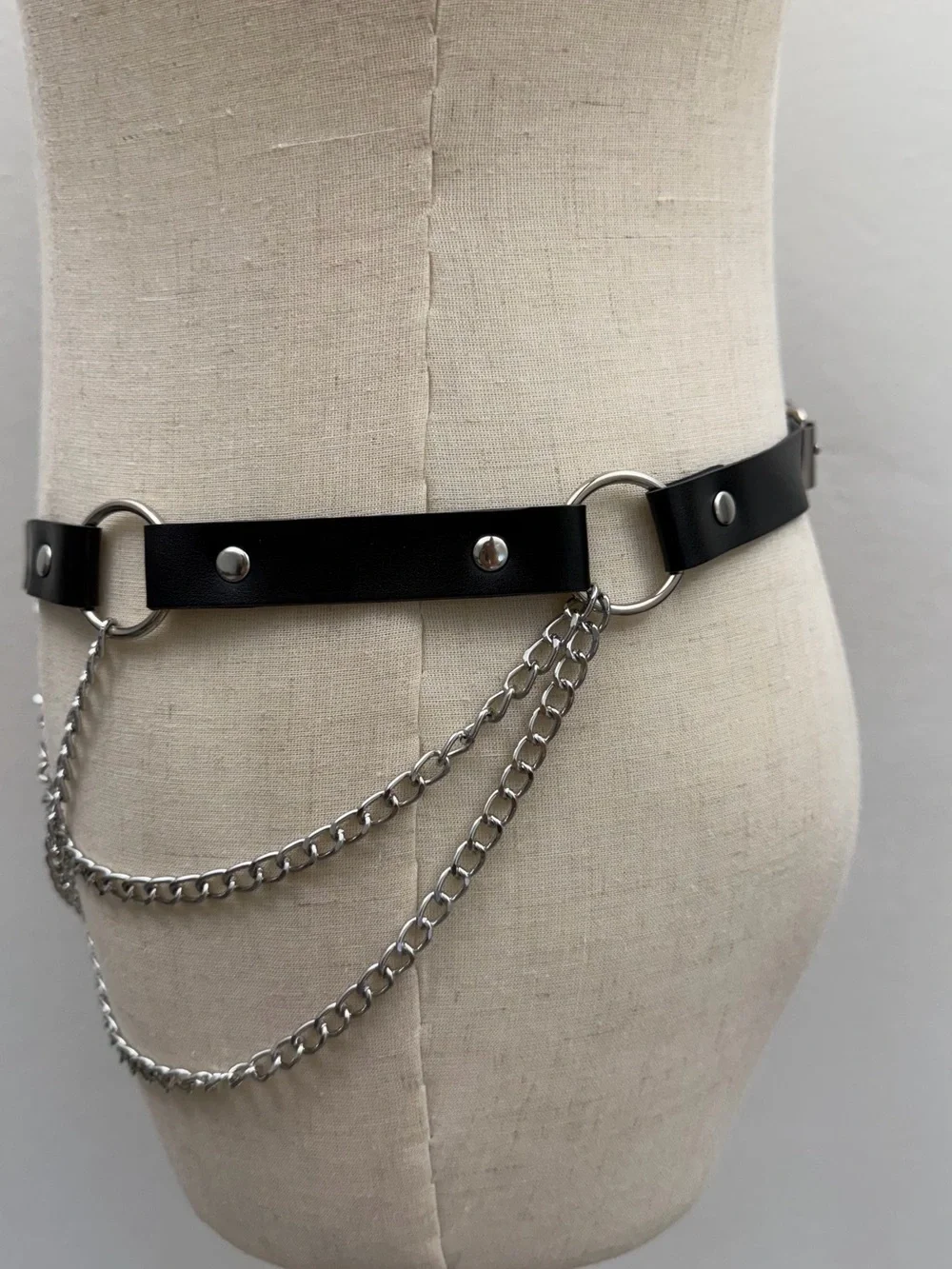 Black Faux Leather Chain Waist Belt Adjustable Punk Goth Festival Body Chain